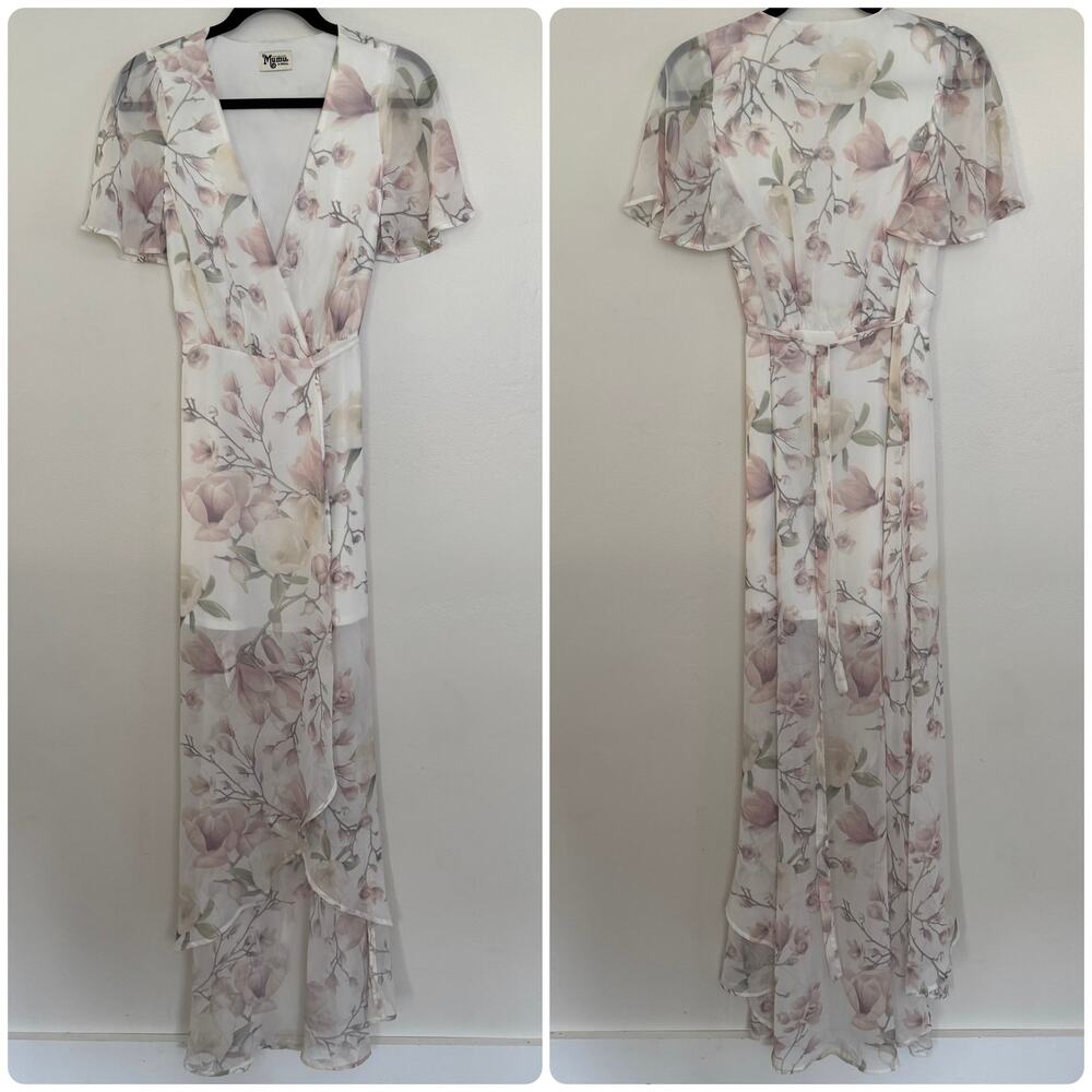 Show Me Your MuMu Sophia Wrap Maxi Dress in White and Pink Floral Chiffon Print